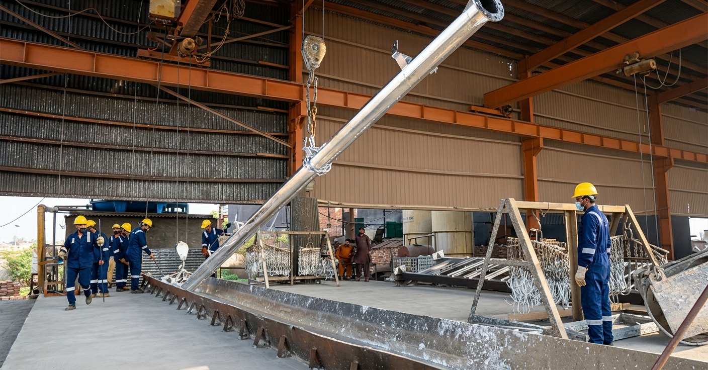 Safe and professional hot-dip galvanizing process showing standardized workers lifting a large steel pole over a clean galvanizing kettle and bright industrial shed background.